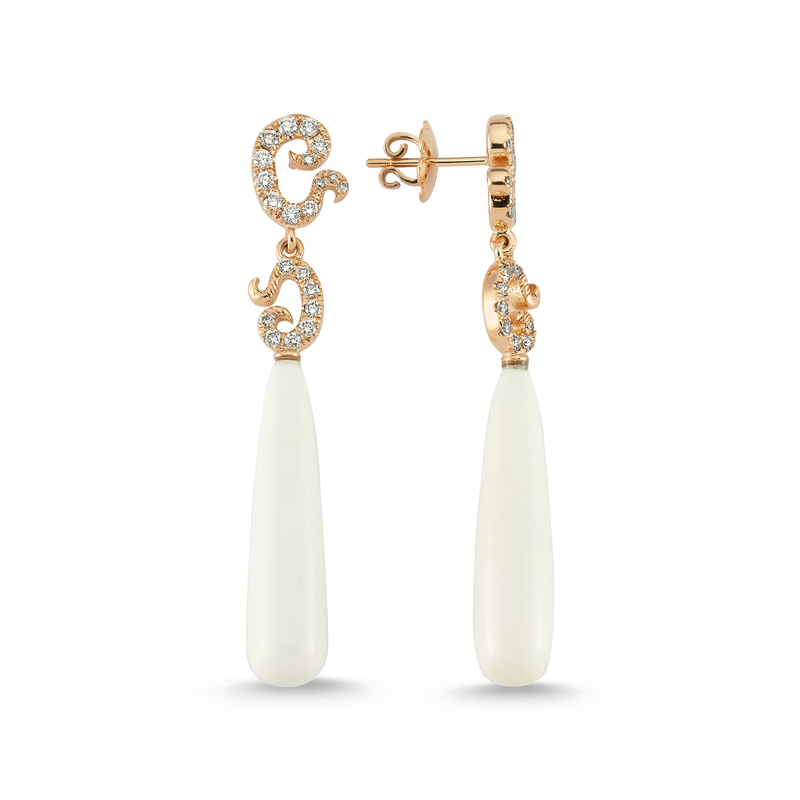 White Agate and Rose Gold Champagne Diamond Earrings